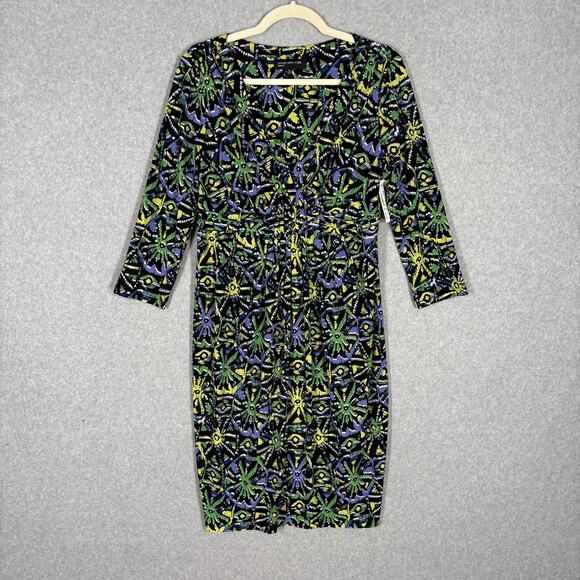 Jones New York Dress 10 Wrap Ruched Slinky Abstract Artsy Career Church Print